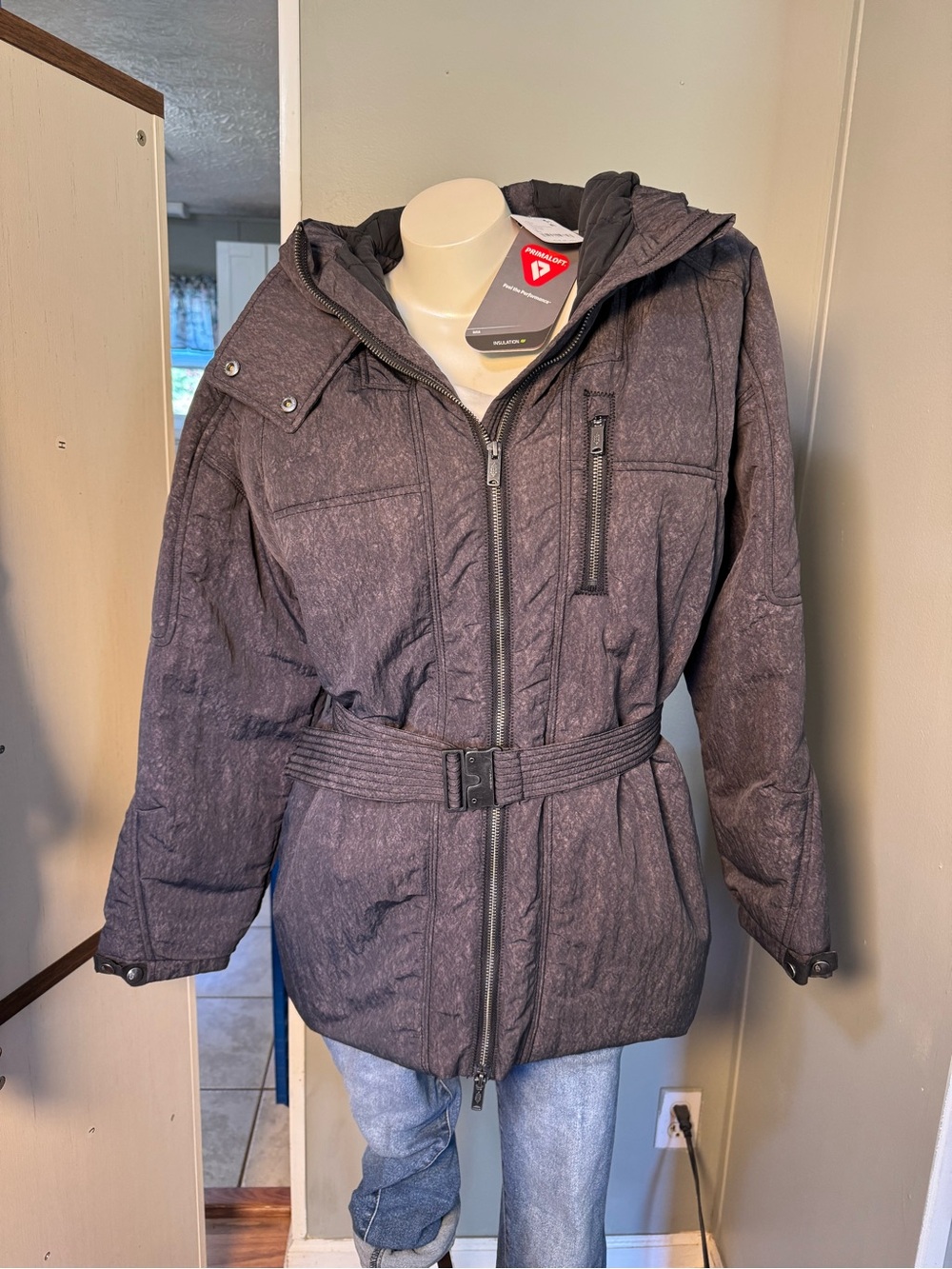 FP Movement by Free People Quilted Hooded Belted Puffer Coat - Charcoal Gray
